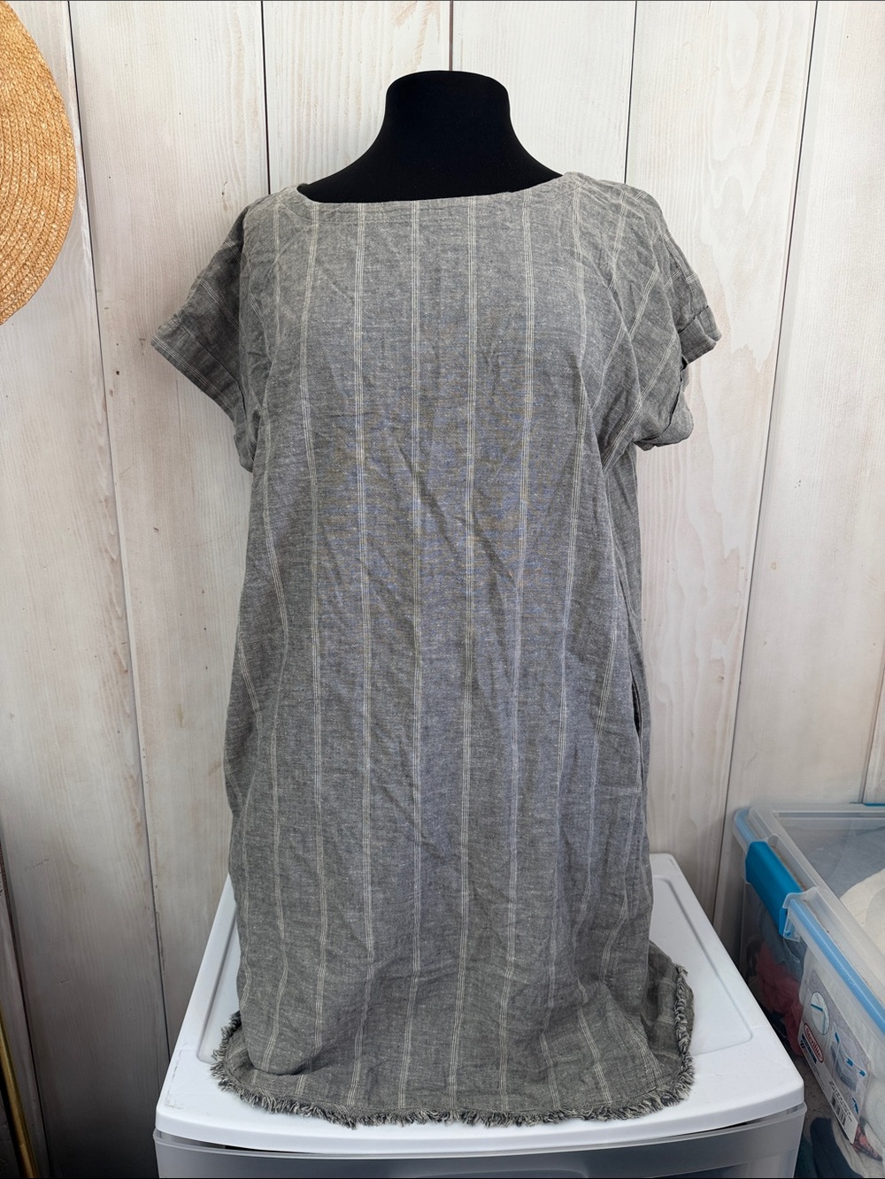 Eileen Fisher Gray Striped Hemp-Blend Short Sleeve Tunic